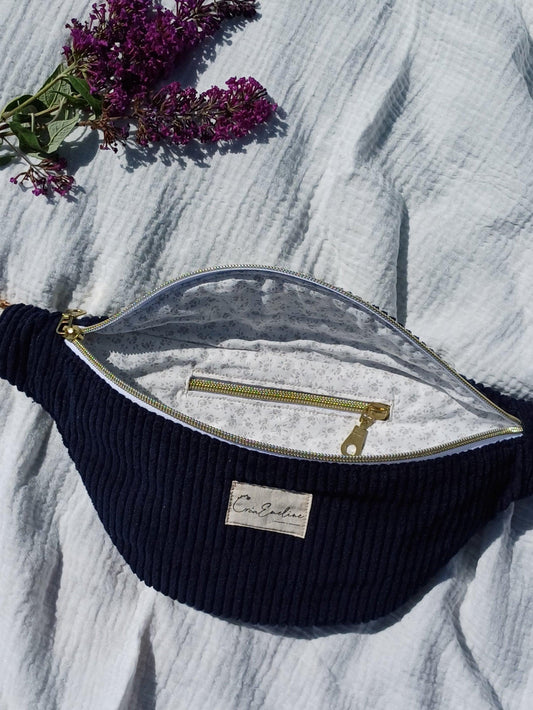 Sac banane - Velours côtelé bleu marine - CréaEmeline - accessoire - fait-main