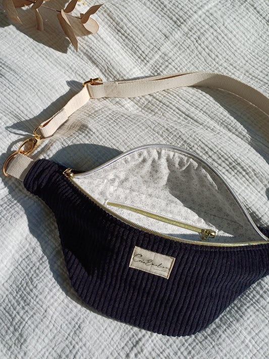 Sac banane - Velours côtelé noir - CréaEmeline - accessoire - fait-main
