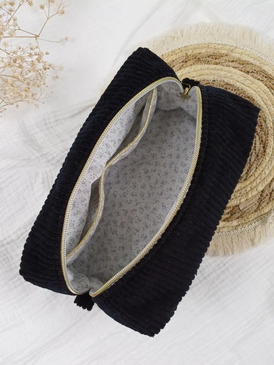 Trousse de toilette - Velours côtelé noir - CréaEmeline - accessoire - fait-main