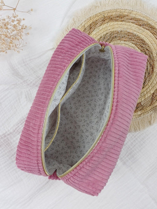 Trousse de toilette - Velours côtelé rose - CréaEmeline - accessoire - fait-main
