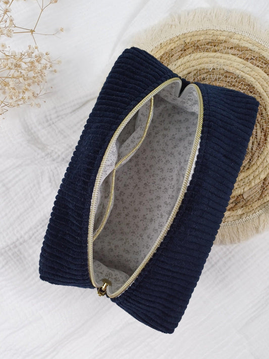 Trousse de toilette - Velours côtelé bleu marine - CréaEmeline - accessoire - fait-main