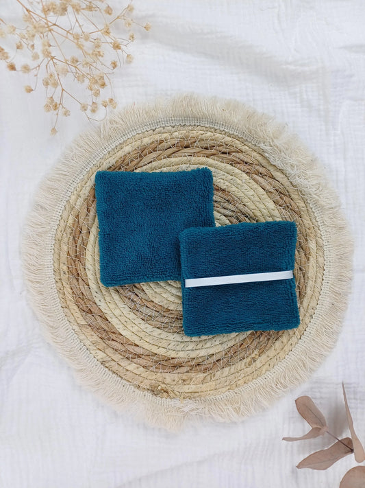 Lingettes lavables double face bleu canard - CréaEmeline - accessoire - fait-main