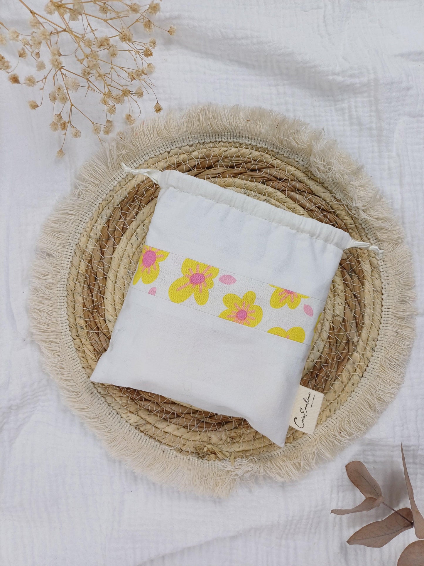 Lingettes lavables et pochon - Tournesol - CréaEmeline - accessoire - fait-main