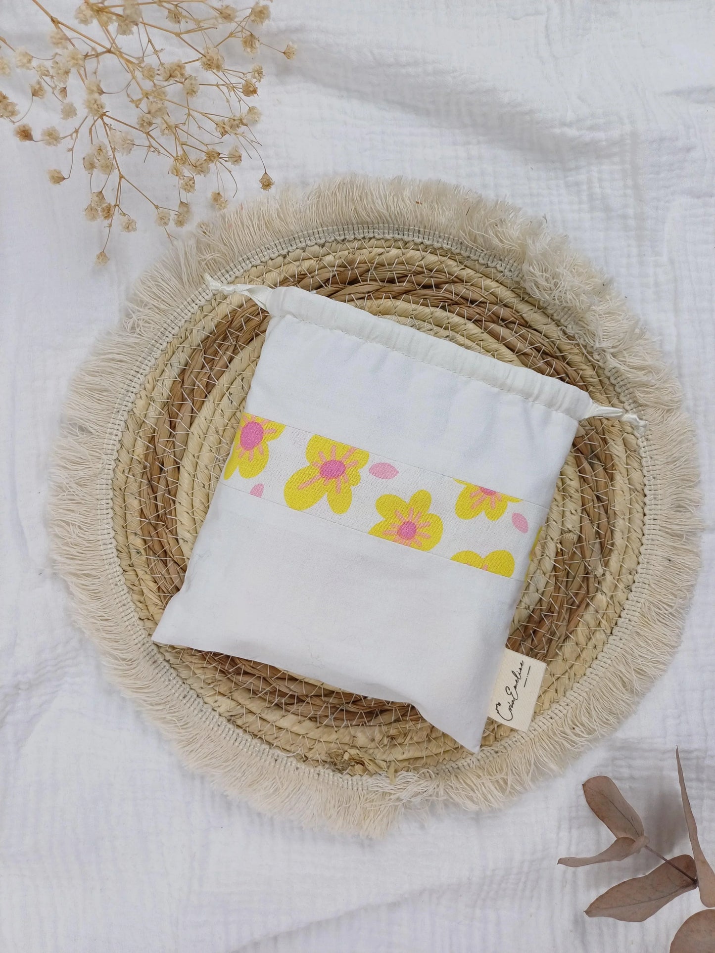 Lingettes lavables et pochon - Tournesol - CréaEmeline - accessoire - fait-main