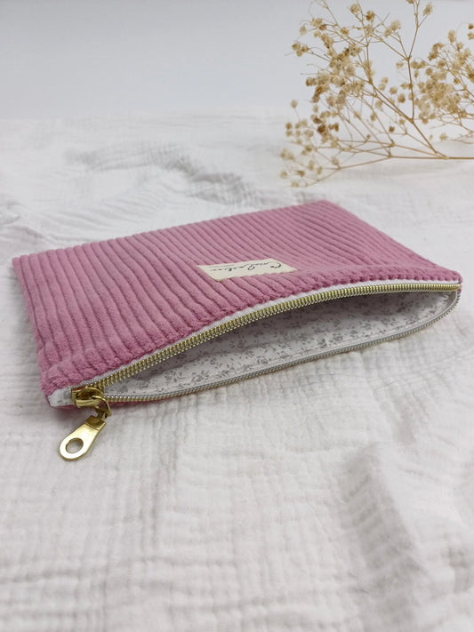 Pochette plate - Velours côtelé rose - CréaEmeline - accessoire - fait-main