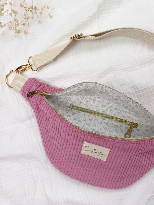 Sac banane - Velours côtelé rose - CréaEmeline - accessoire - fait-main