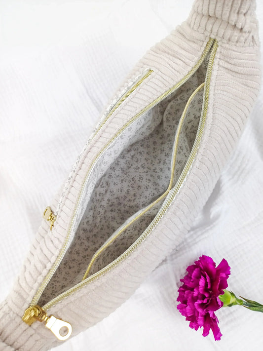 Sac demi-lune - Velours côtelé beige - CréaEmeline - accessoire - fait-main