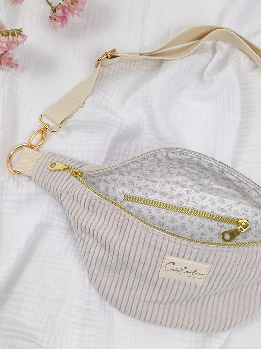 Sac banane - Velours côtelé beige - CréaEmeline - accessoire - fait-main