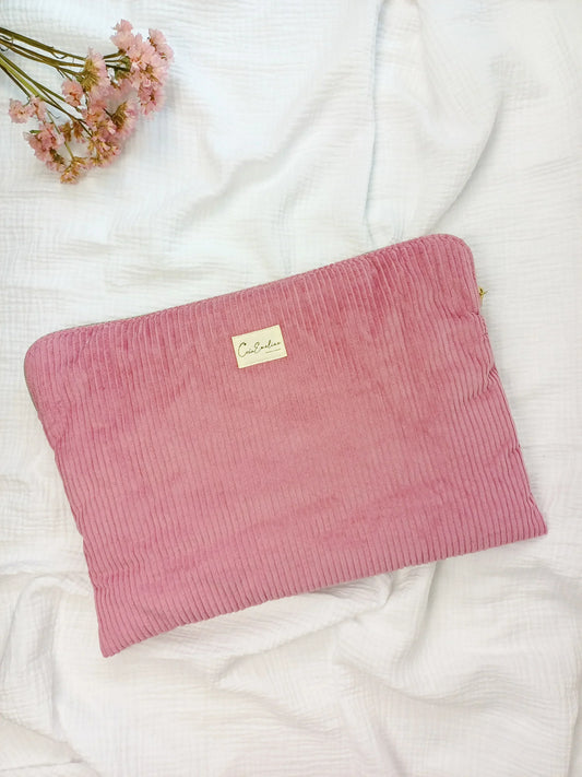 Housse ordinateur / tablette - Velours côtelé rose - CréaEmeline - accessoire - fait-main