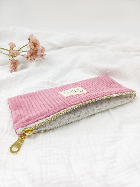 Trousse à pinceaux de maquillage - Velours côtelé rose - CréaEmeline - accessoire - fait-main