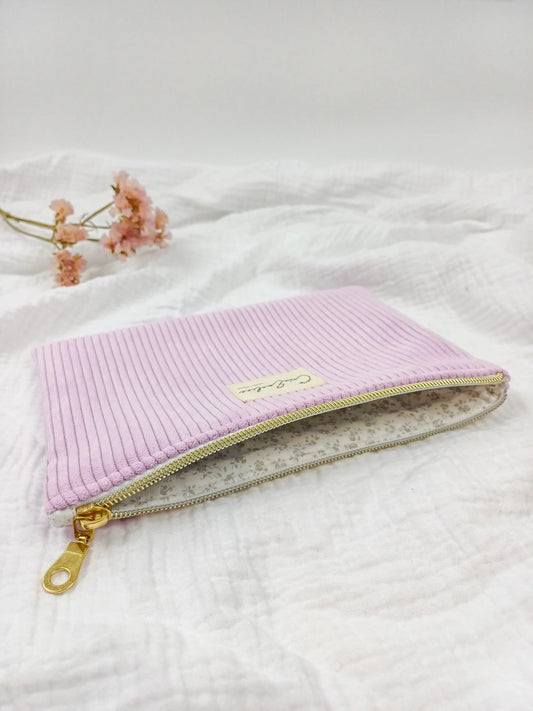 Pochette plate - Velours côtelé lilas - CréaEmeline - accessoire - fait-main