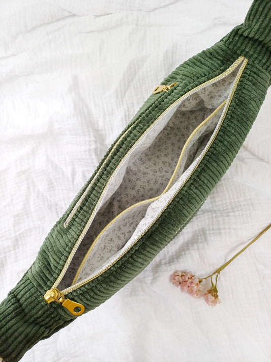 Sac demi-lune - Velours côtelé kaki - CréaEmeline - accessoire - fait-main