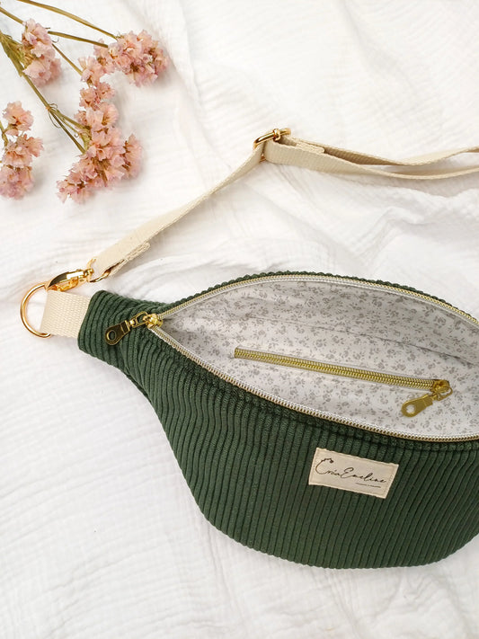 Sac banane - Velours côtelé kaki - CréaEmeline - accessoire - fait-main