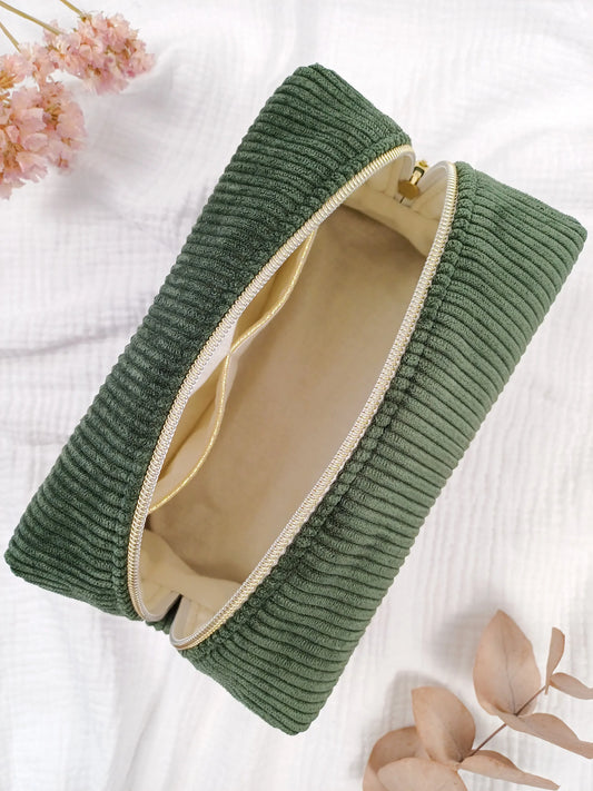 Trousse de toilette - Velours côtelé kaki - CréaEmeline - accessoire - fait-main