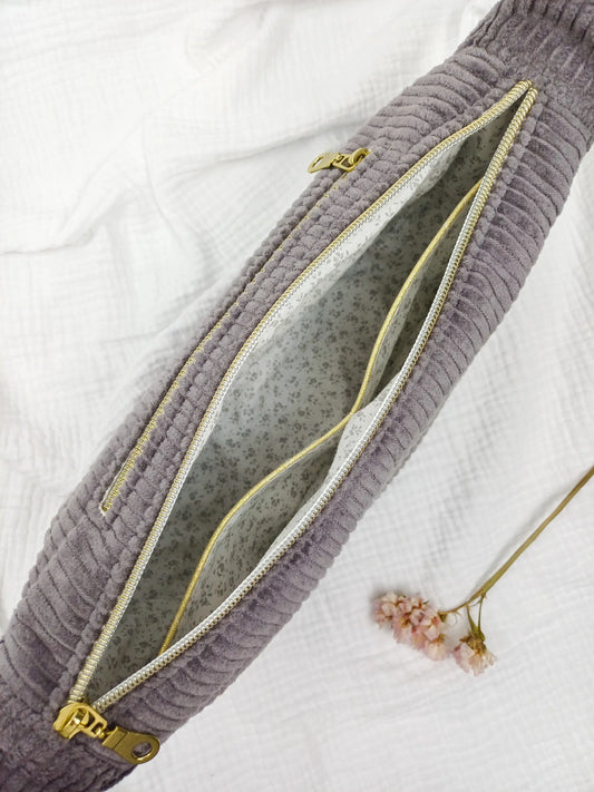 Sac demi-lune - Velours côtelé taupe - CréaEmeline - accessoire - fait-main