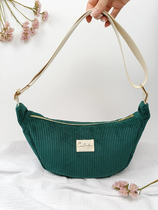 Sac demi-lune - Velours côtelé vert sapin - CréaEmeline - accessoire - fait-main