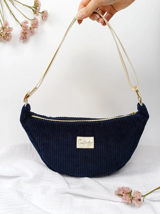Sac demi-lune - Velours côtelé bleu marine - CréaEmeline - accessoire - fait-main