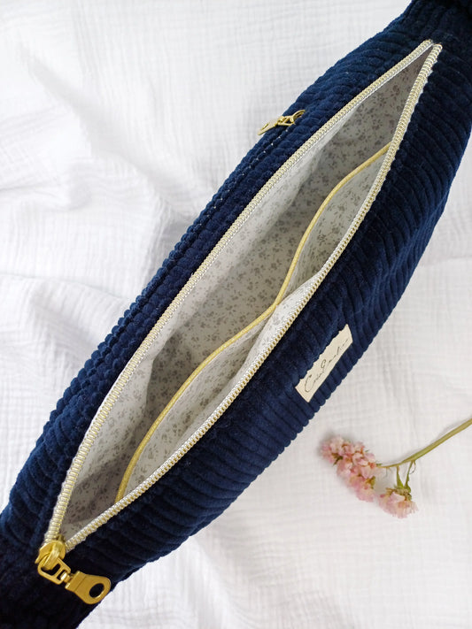 Sac demi-lune - Velours côtelé bleu marine - CréaEmeline - accessoire - fait-main