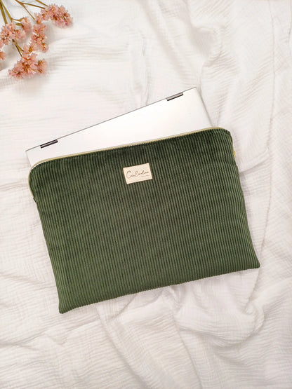 Housse ordinateur / tablette - Velours côtelé kaki - CréaEmeline - accessoire - fait-main