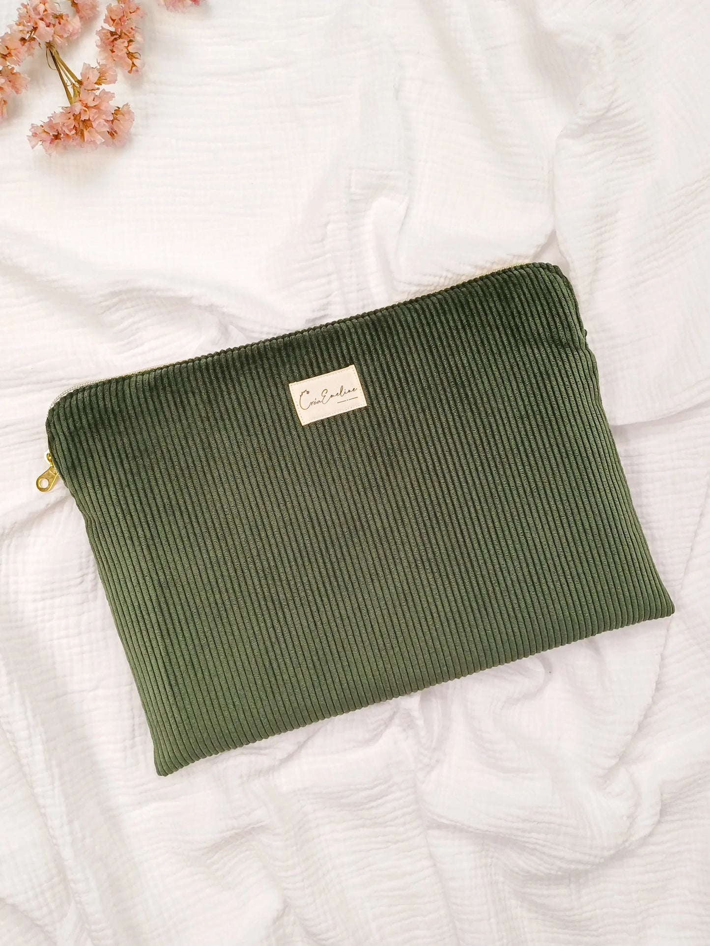 Housse ordinateur / tablette - Velours côtelé kaki - CréaEmeline - accessoire - fait-main