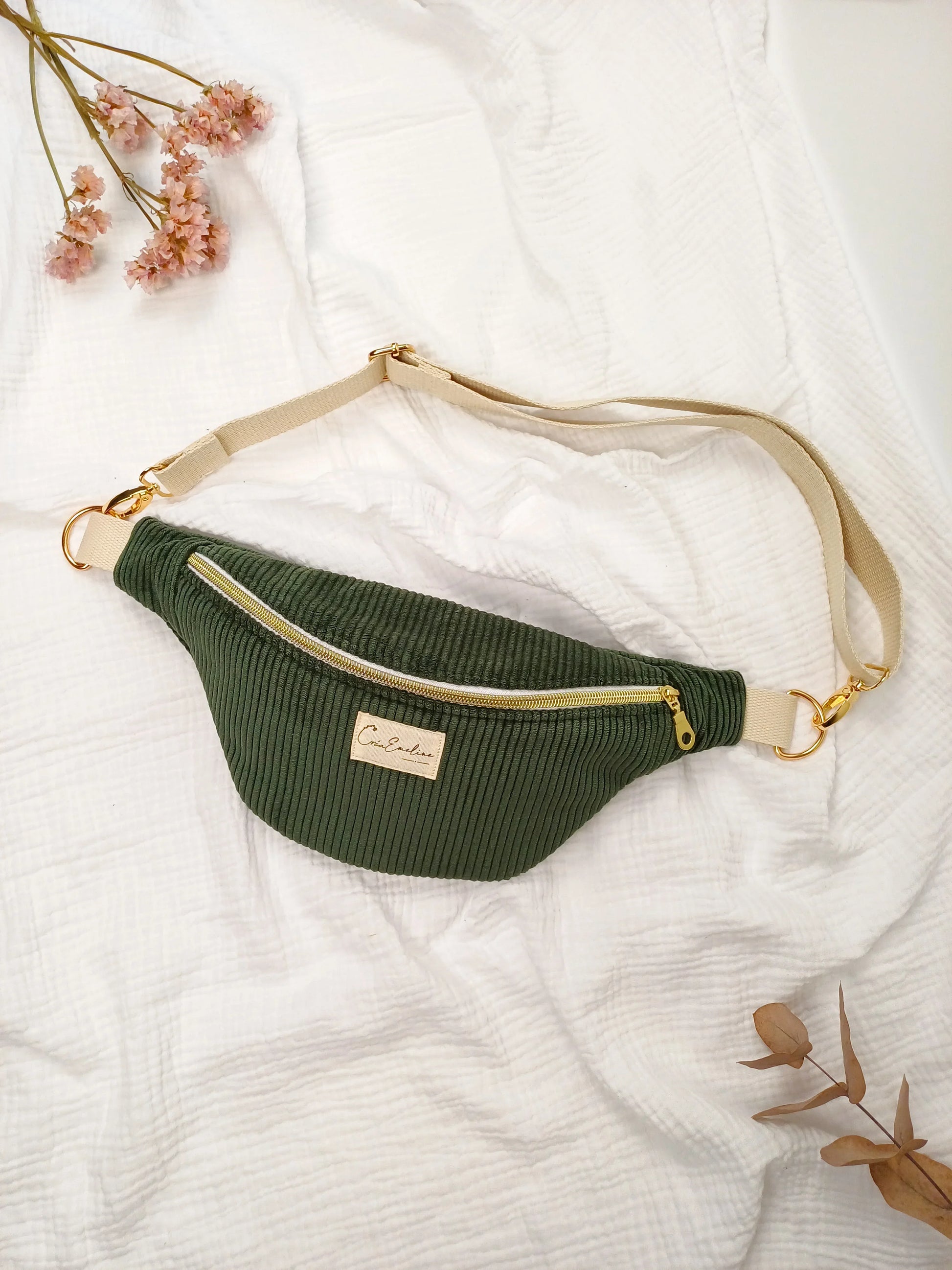 Sac banane - Velours côtelé kaki - CréaEmeline - accessoire - fait-main
