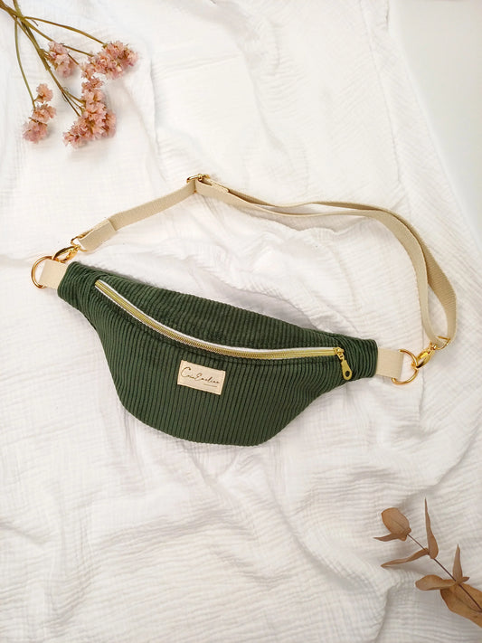 Sac banane - Velours côtelé kaki - CréaEmeline - accessoire - fait-main