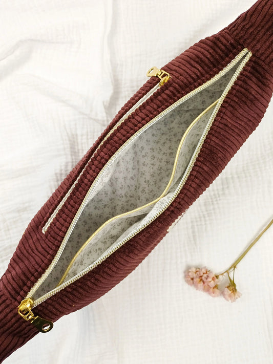 Sac demi-lune - Velours côtelé prune - CréaEmeline - accessoire - fait-main