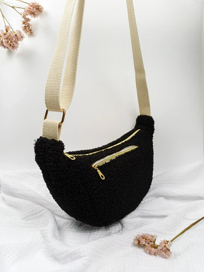 Sac demi-lune - Bouclette noir - CréaEmeline - accessoire - fait-main
