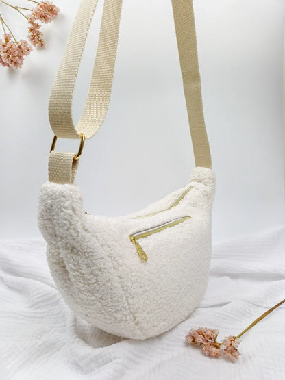 Sac demi-lune - Bouclette écru - CréaEmeline - accessoire - fait-main