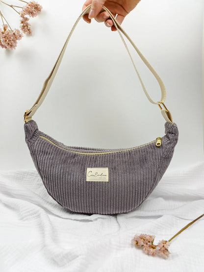 Sac demi-lune - Velours côtelé taupe - CréaEmeline - accessoire - fait-main