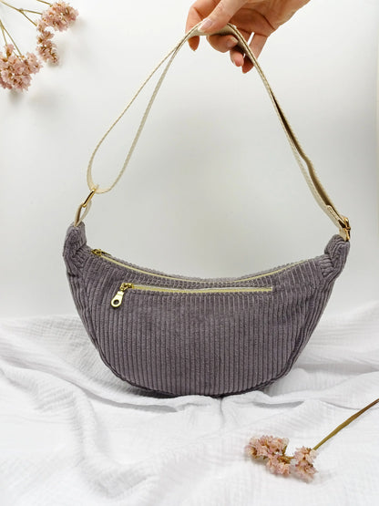 Sac demi-lune - Velours côtelé taupe - CréaEmeline - accessoire - fait-main