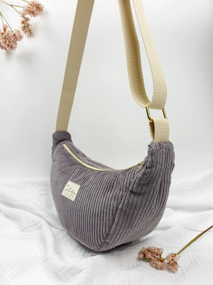 Sac demi-lune - Velours côtelé taupe - CréaEmeline - accessoire - fait-main
