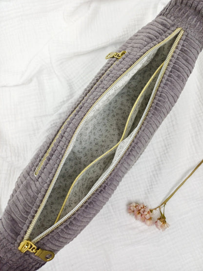 Sac demi-lune - Velours côtelé taupe - CréaEmeline - accessoire - fait-main