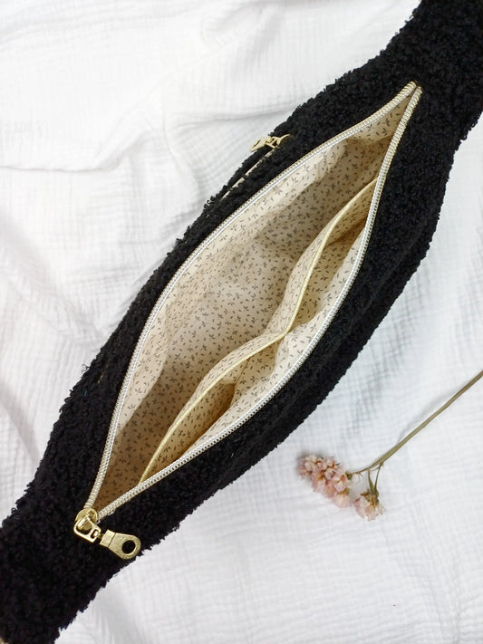 Sac demi-lune - Bouclette noir - CréaEmeline - accessoire - fait-main